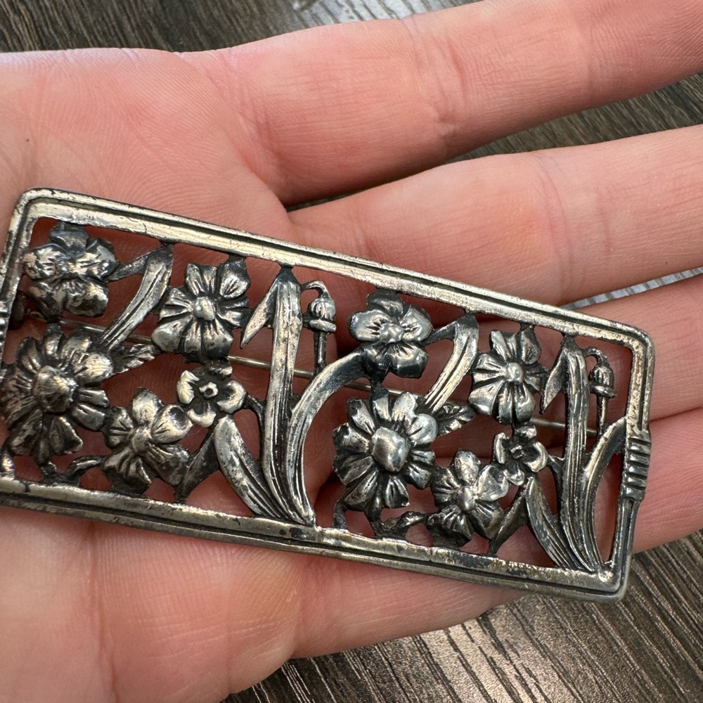 925 Sterling Silver Rectangular Flower Vintage Pi… - image 7